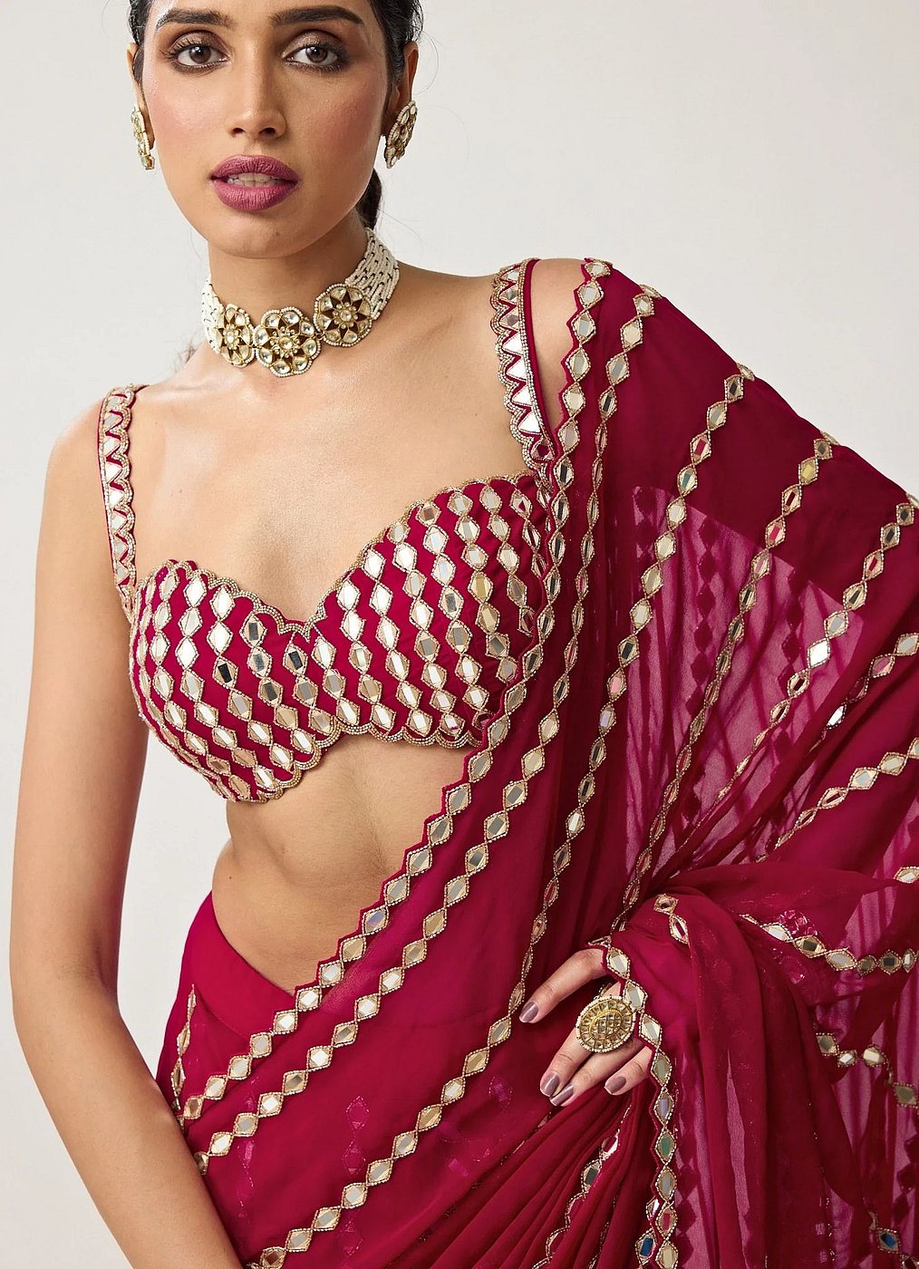 Ruby Red Georgette Mirror Embroidered Saree Set — zoomed view