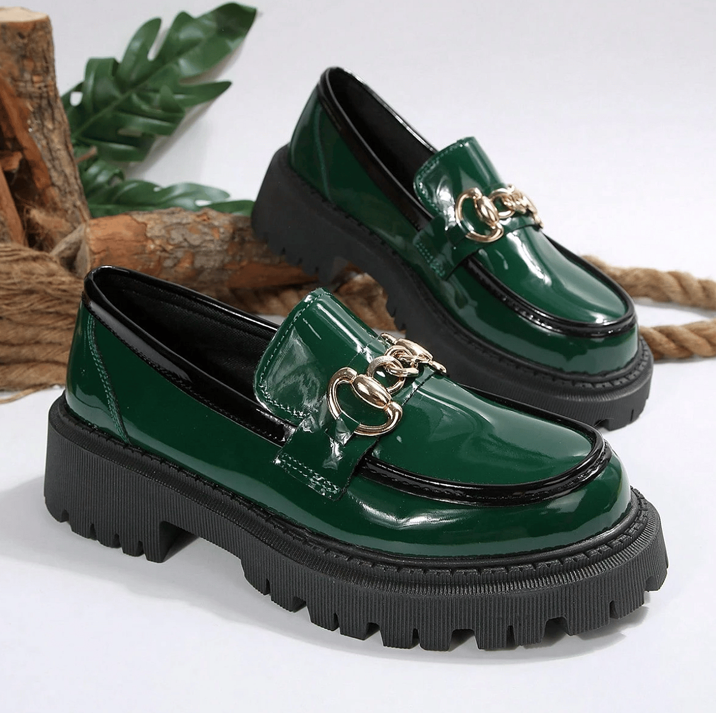 Women's Fashion Casual Round Toe Loafers, Slip-On Thick Sole Flats, Olive Green — zoomed view