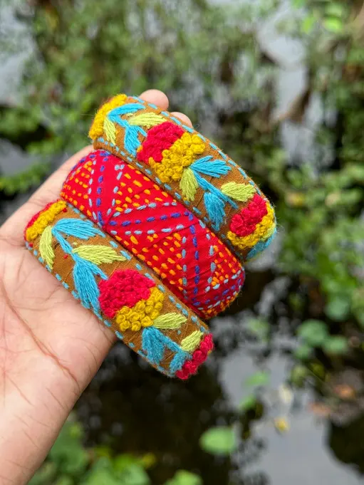 Handcrafted thread work bangles with mirror detailing