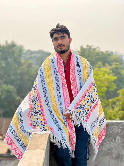Block Print Wool Shawl - Multi-Color Stripes