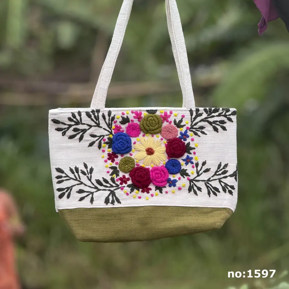 Handcrafted Two-Color Stitch Work College Bag - Olive Green
