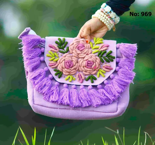 Hand-embroidered tassel jute crossbody bag - Lavender